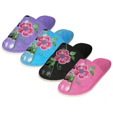 S1505 - Wholesale Women's "Easy USA" Satin Upper Open Toe with Embroidered Floral House Slippers (*Asst. Black. Pink. Blue And Purple)